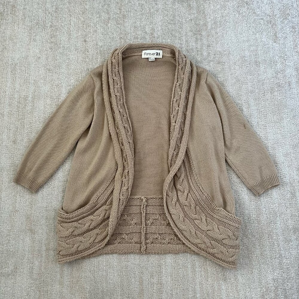 Forever 21 Chunky Cable Knit Tan Cardigan Sweater S